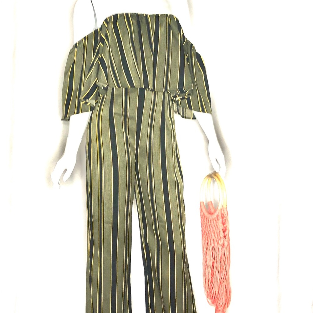 Off the Shoulder Olive Striped Jumpsuit